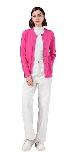 SMILING PINKER Women Cardigan Sweater Button Down Crew Neck Ribbed Knit Sweater with Pockets (Hot Pink,3X-Large)
