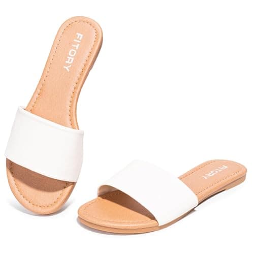 FITORY Women's Slide Sandals Fashion Round Toe With Classic Single Strap Slippers for Summer Size 8 White