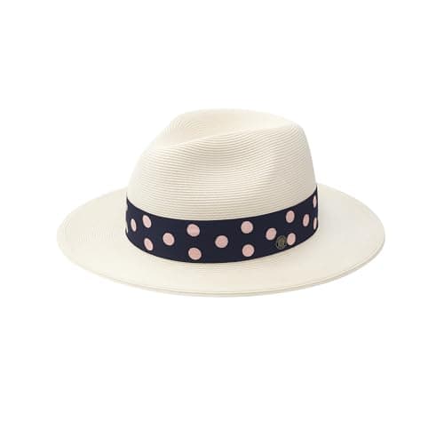 Pineapple&Star Sun Straw Fedora Beach Hat Fine Braid UPF50+ for Women (Large, Off White DottiBlue)