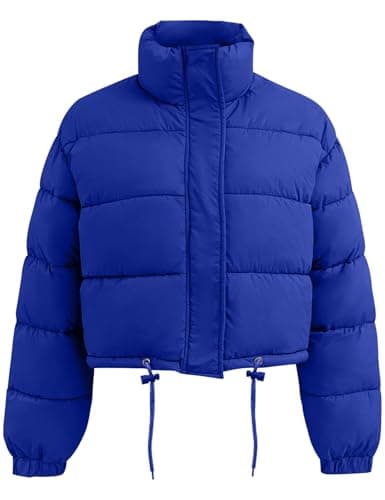 Flygo Women Cropped Puffer Jacket Winter Long Sleeve Quilted Puffy Bubble Padded Short Coats with Drawstring(RoyalBlue-L)