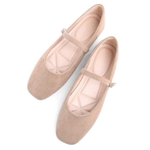 TN TANGNEST Velvet Flats for Women Comfortable Square Toe Slip On Flats Soft Ankle Strap Flats Retro Mary Jane Flats Khaki 42(9.5)