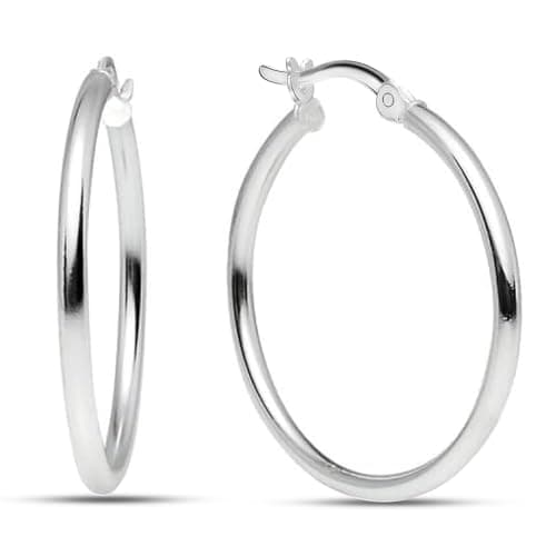 Charmsy 925 Sterling Silver Hoop Earrings | 2MM Thick Round-Tube | Tarnish and Nickel Free | Click-Top Closure Hoop Earrings for Women 30mm