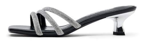 Vepose Women's Low Kitten Heel Sandals Square Open Toe Black Sandals,Comfortable Slip-On Strappy Design with Rhinestones Shoes,Size 8.5M US (CZR6100 Black 08.5)