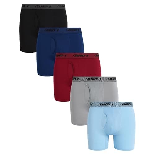 AND1 Mens Boxer Briefs - 5 Pack Stretch Performance 6" Inseam Breathable Mens Underwear with Functional Fly Pouch, Size Small, Red/Black/Maritime Blue/Grey/Sky Blue