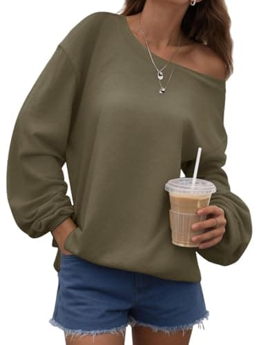 Bellcoco Womens Off the Shoulder Sweatshirt Long Sleeve Loose Pullover Tops Oversized Sweatshirts Trendy Spring Outfits Army Green L