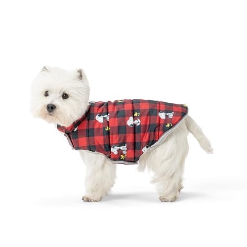 Berkshire Peanuts® Microfleece Dog Coat, Warm Fleece Dog Jacket with Waterproof Shell, Hook & Loop Design for Small, Medium, or Large Dogs (Small, Snoopy Everyday Buffalo Plaid Small Red-Black)