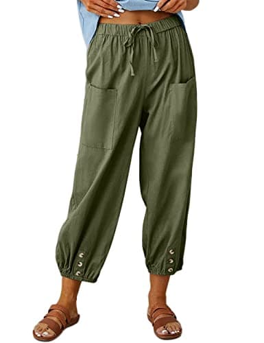 HangNiFang Cotton Linen Capri Pants for Women High Elastic Waisted Drawstring Cropped Pants with Pockets(0966-ArmyGreen-L)