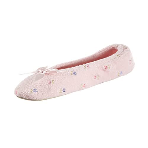 isotoner Women's Embroidered Plush Terry Ballerina Slippers , Pink Soft Tie Bow, 8-9