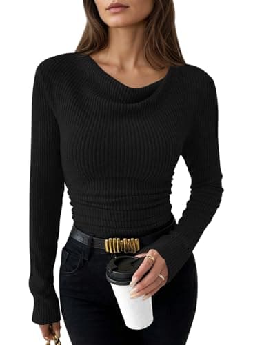 Pink Queen Women Long Sleeve Cowl Neck Shirts Slim Fitted Lightweight Fall Going Out Tops Dressy Casual Blouse Black M
