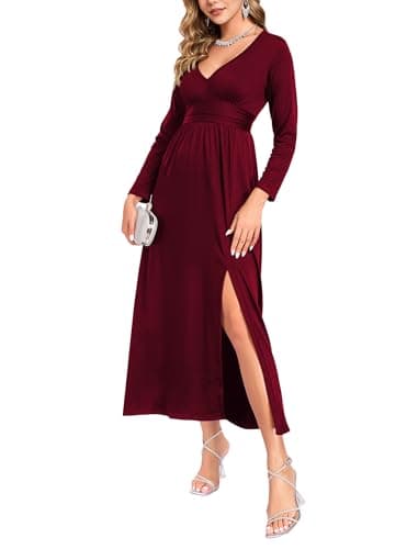 Lacavocor Women's Deep V Neck Long Sleeve Maxi Dress Elegant Formal Wedding Cocktail Evening Dress with High Slit,Burgundy,M