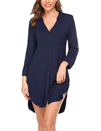 Ekouaer Nightgowns for Women V Neck Button Down Nightshirt 3/4 Sleeves Nursing Nightgown Soft Sleep Dress, Navy Blue, M