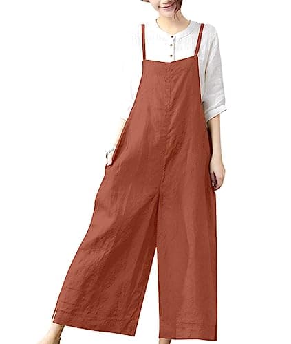YESNO Women Casual Loose Boyfriend Bib Pants Summer Wide Leg Cotton Jumpsuits Rompers with Pockets XS-5X (3XL PZZTYP2 Rust)
