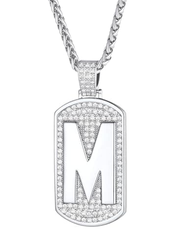 FindChic Mens Initial Necklace Letter M Pendant Platinum Plated Dog Tag Chain Hip Hop Jewelry