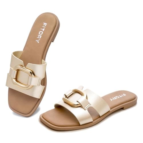 FITORY Women's Flat Sandals Fashion Square Open Toe Slides With Metal Chain Slippers for Summer Size 9.5 Gold