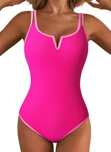 Aleumdr Women's Athletic One Piece Tummy Control Swimsuits V Wired Swimwear Color Block Slimming High Cut Bathing Suit Hot Pink Large