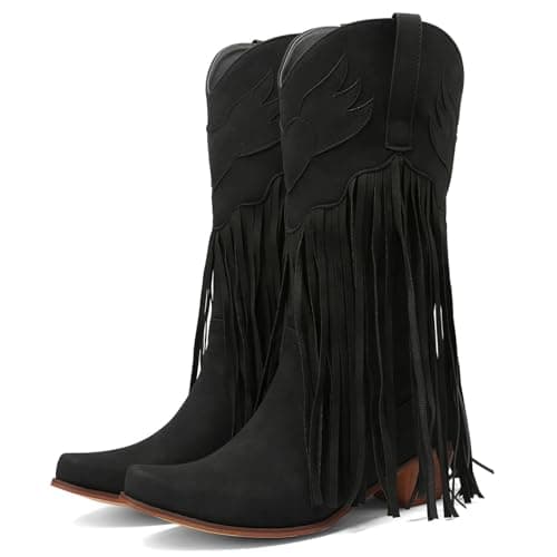 Meefit Women Fringe Cowboy Boots Square Toe Mid Calf Embroidered Western Boots,Tassel Cowgirl Boots Stacked Heel Retro Boots(Black,US6.5)