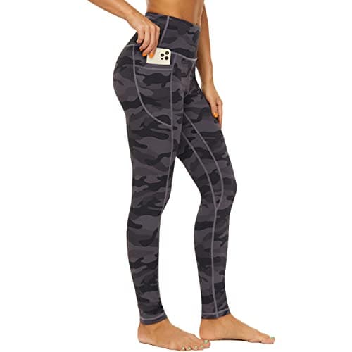 Devirld Womens Yoga Pants with Pockets Tummy Control Workout Leggings High Waisted Gym Legging for Women, Grey Camo, Small