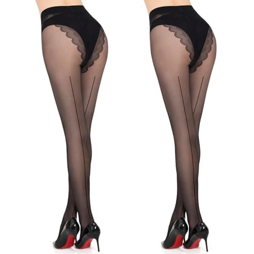 MANZI Sheer Backseam Tights Seamed Nylon Pantyhose for Women 20 Denier Black Tights(Black,M)