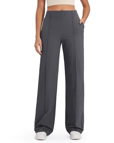 G4Free Wide Leg Pants for Women Yoga Pants with Pockets High Waist Lounge Sweatpants Dress Pants Women Tummy Control(Dark Grey,L,Petite)