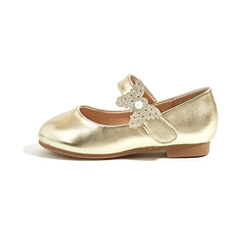 K KIP WOK Toddler Girls Dress Shoes Flower Flats Party Glitter Mary Jane School Princess Casual Slip on Ballet Wedding Shoes(Gold,Toddler 5)