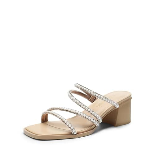 DREAM PAIRS Women's Strappy Heels Block Open Toe Low Heel Chunky Mules Sandals Dress Shoes,Size 6,Nude-Pearl,SDHS2370W