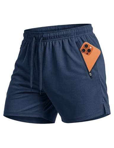 MAGCOMSEN Mens 5" Athletic Quick Dry Shorts Lightweight Linerless Mesh Running Gym Shorts with Zipper Pockets Navy M