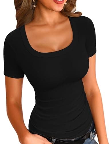 VICHYIE Short Sleeve Shirts for Women Tops Ribbed Slim Fitted Summer Square Neck Pullover Tee Cute Tshirts Black XL