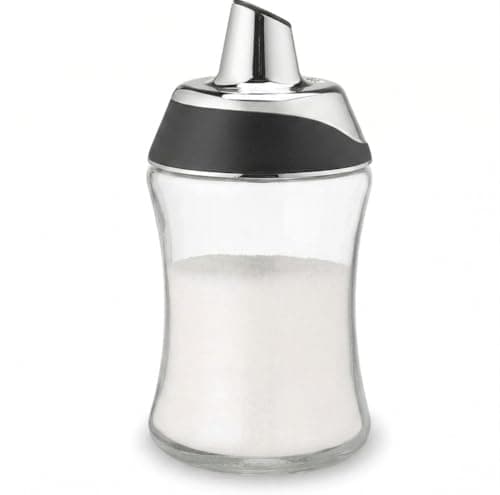 J&M DESIGN Glass Sugar Dispenser with Pour Spout for Coffee Bar, Tea and Kitchen Baking, Auto-Pouring Airtight Lid - 7.5 Oz Container