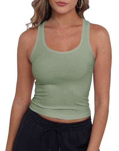 GEMBERA Womens' Ribbed Knit Cotton Scoop Neck Racerback Sleeveless Form Fitted Basic Cropped Tank Top Shirt(3954 Sage Green L)