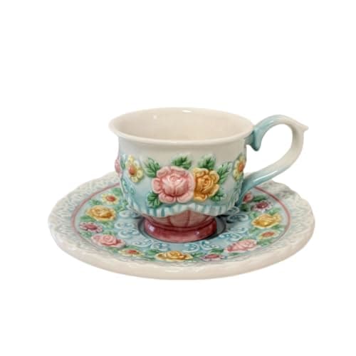 FORLONG Ceramic Coffee Mug and Saucer Set for Women, Vitorian Hand-painted Rose Flower Tea Cup - 3oz(Multicolour)