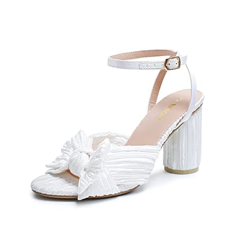 Amoji Women's Block 3.7''Heeled Sandal Bowknot Pleated Low Chunky Heels Ankle Strap Wedding Party Dressing Dress Shoes 302 White Size 9 women