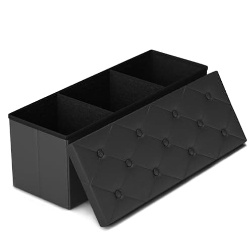 GLAXYFUR 43" Storage Ottoman Bench, Folding Ottoman with 2 Dividers, Black
