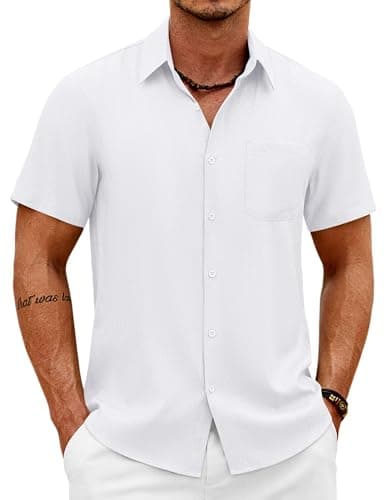 COOFANDY Men's Linen Button Down Shirts White Short Sleeve Casual Summer Vacation Shirts