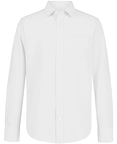 Nautica Boys' School Uniform Long Sleeve Performance Oxford Button-Down Shirt, White, 10-12 Husky