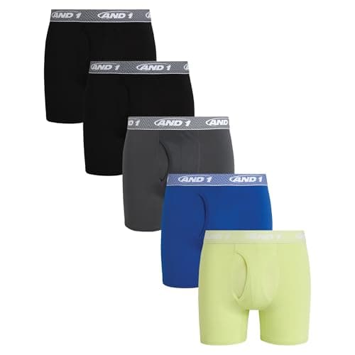 AND1 Mens Boxer Briefs - 5 Pack Stretch Performance 6" Inseam Breathable Mens Underwear with Functional Fly Pouch, Size Large, Black/Dark Grey/Blue/Shadow Lime
