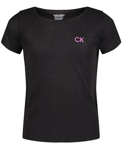 Calvin Klein Girls' Short Sleeve Performance T-Shirt, Crew-Neck Neckline & Logo Detailing, Black Mesh, 7