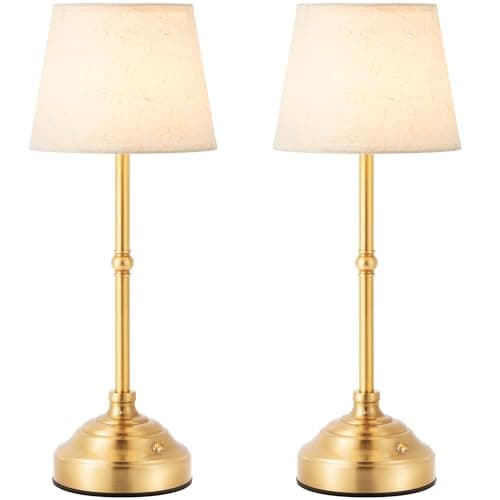 keysays 2 Pack Cordless Table Lamp, Rechargeable Desk Lamp with Fabric Shade, Battery Operated 3 Color Stepless Dimming, Small Touch Bedside Lamp Home Decor for Dining, Counter(Brushed Gold)