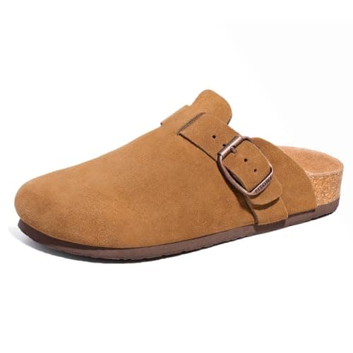 FITORY Mens Suede Clogs with Arch Support,Leather Cork Footed Mules Brown Size 7