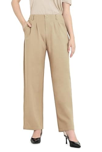 Bamans Dress Pants for Curvy Women Wide Leg Work Business Office High Elastic Waisted Casual Slacks Trousers with Pocket 29" Khaki L