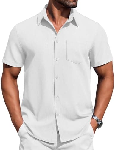 COOFANDY Mens Button Down Short Sleeve Shirt Casual Summer Stretch Dress Shirts with Pocket White
