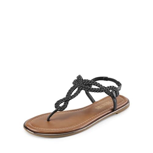 DREAM PAIRS Women's Flat Sandals Dressy Summer Stappy Comfortable Ankle Elastic T-Strap Beach Thong Sandals,Size 6.5,Black,SDFS2406W