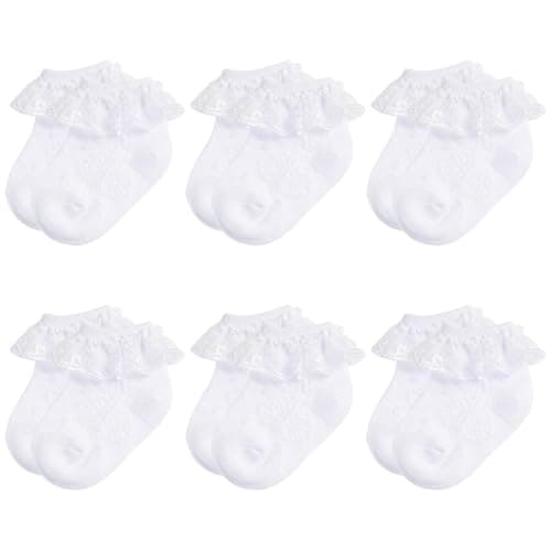 Santgoo Baby girls Socks Ruffle Eyelet Lace Socks 6-12 Infant White Dress Socks For Newborn White 6 Pairs