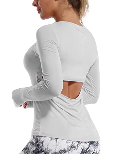 BUBBLELIME Women's Open Back Workout Shirts Soft Athletic Yoga Tops - Open Back_LightGray Small