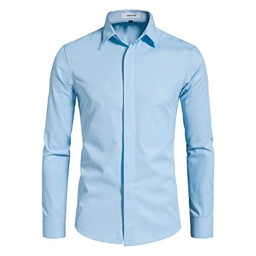 VANCOOG Men's Solid Date Night Outfit Long Sleeve Casual Button Down Point Collar Shirt-Light Blue-L