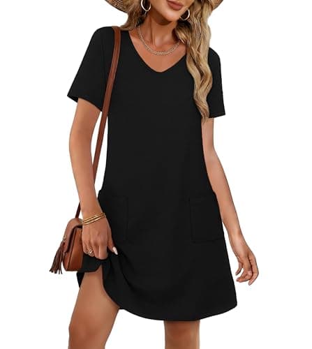 CHICGAL Summer Dresses for Women V Neck Short Sleeve Casual Loose T Shirt Sundress Beach Cover Ups with Pockets(Black, L)