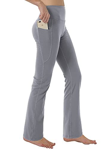 Keolorn Women's Bootleg Yoga Pants with Hidden Pockets Tummy Control Running Legging Long Bootcut(LightGrey, X-Large)