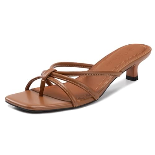 Athlefit Brown Heels Strappy Square Toe Flip Flop Short Kitten Heels for Women Slip On Travel Fashion Thong Low Heel Sandals Size 9.5