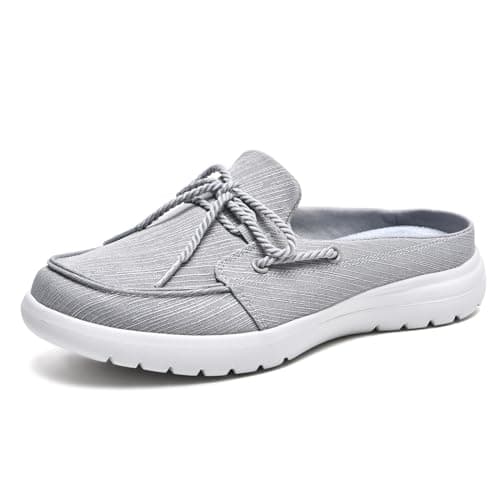 Buyrew Mules for Women with Arch Support - Lightweight Washed Cotton Sneaker Mules - Breathable Walking Flats, Comfortable Slip On Shoes for Business Casual, Office, Travel Grey Size 6.5