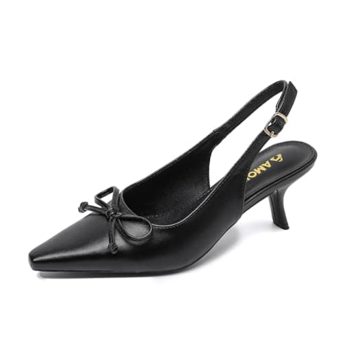 Amoji Women Kitten Bow Heel Slingback Closed Pointed Toe Pump Wedding Dress Shoes FZ338 Black Size 7 Women