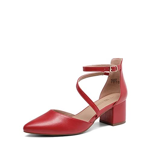 DREAM PAIRS Women's Closed Pointed Toe Low Chunky Heels Pumps Ankle Strap Wedding Business Dressy Shoes,Size 6.5,Red-Pu,SDPU2354W